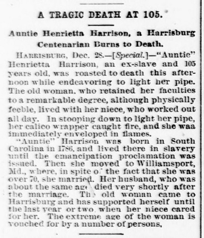 1891 News of Death of Auntie Henrietta Harrison, Harrisburg, PA.